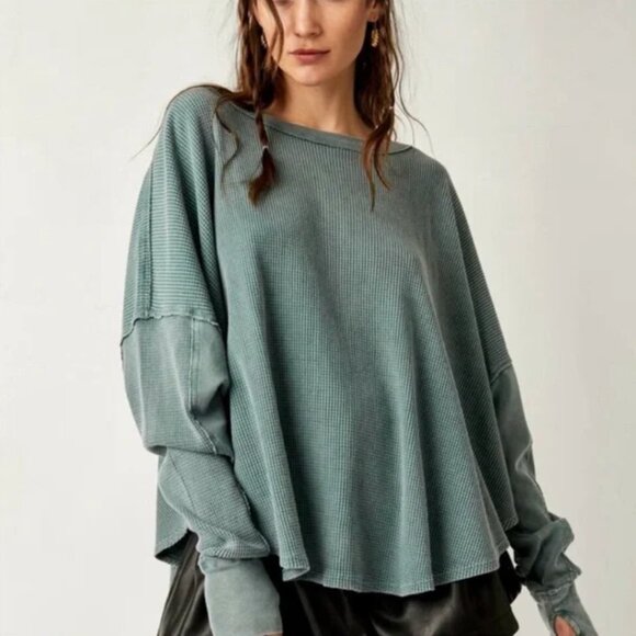 Free People Microphone Drop Thermal Silver Pine Acid Wash Green size Small NWT - Picture 2 of 10